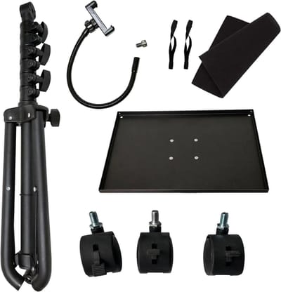 Quvo® 4-in-1 Beamer Statief - Projector Statief Met Wieltjes – Beamer Statief Met Laptop Verdieping – Verstelbaar Standaard 73 tot 149 cm– Tripod – Laptop Standaard Met Muislade En Telefoonhouder - Zwart - 45 cmx 31 cm x 11 cm