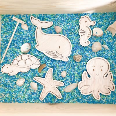 Villa Hip Zeedieren vulvormen set - 5 Stuks - Hout - Sensorisch speelgoed l Open einde l Speeltray - Oceaan - Walvis, zeester, schildpad, zeepaard, inktvis