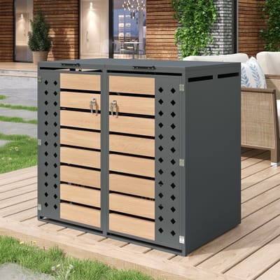 OKWISH Afvalcontainer Ombouw - Hydraulische Klapdeksel - 2 Vakken 2 Deuren Met Slot - Staal Grijs Hout - Voor Tuin En Oprit