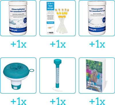 Zwembad Onderhoudspakket - Onderhoud Zwembad - bevat Chloor - Testrips - Chloor - Chloordrijver - Thermometer en Zwembadgids (6-delig)
