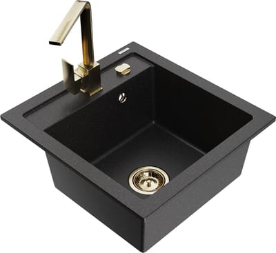 Mexen Vito granieten gootsteen 1-komor met keukenmengkraan Rita, zwart/zilver metallic - 6503-73-670300-50