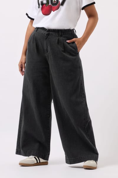 Yours Zwarte Geplooide Wijde Broek Size 42
