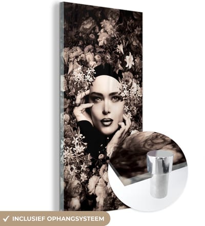MuchoWow® Glasschilderij 20x40 cm - Schilderij acrylglas - Vrouw - Bloemen - Botanisch - Natuur - Foto op glas - Schilderijen
