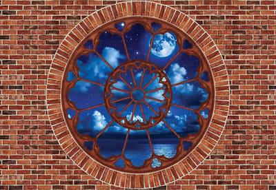 Fotobehang Brick Wall Clouds Sea Moon | XL - 208cm x 146cm | 130g/m2 Vlies