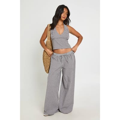 boohoo Dames Petite Geruite Haltertop & Wijde Broek Coordinatenset | Ecru | Maat: 38