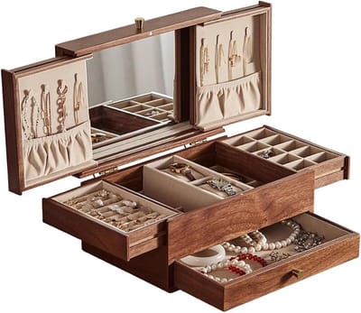Juwelendoos met Spiegel - Opbergkast Sieraden - Sieraden Organiseren - Grote Capaciteit - 30x20x16.5 cm - Bruin