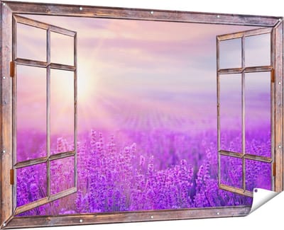 Gards Tuinposter Doorkijk Bloemenveld met Paarse Lavendel - 180x120 cm - Tuindoek - Tuindecoratie - Wanddecoratie buiten - Tuinschilderij