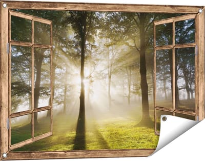 Gards Tuinposter Doorkijk Zon tussen de Bomen - 90x60 cm - Tuindoek - Tuindecoratie - Wanddecoratie buiten - Tuinschilderij