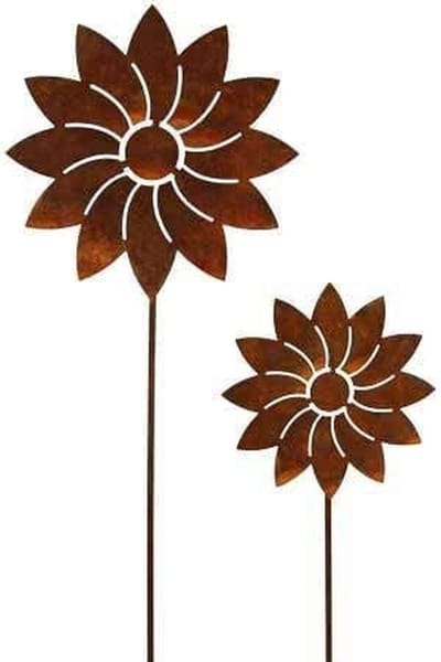Decoratieve metalen bloem tuinsteker in patina voor huis en tuin - set van 2