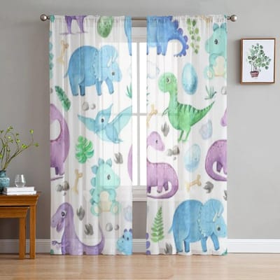 Prehistorische Dinosauriërs En Reptielen Chiffon Transparante Gordijnen voor Woonkamer Slaapkamer Keukendecoratie Raam Voiles Tule Gordijn 135W x 114H(cm) white