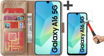 Hoesje met Screenprotector Geschikt voor Samsung Galaxy A16 (5G/4G) – Arara bookcase met pasjeshouder - Goud