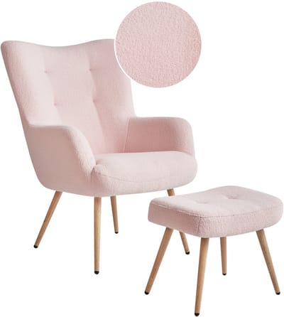 VEJLE II - Fauteuil met hocker - Pastelroze - Bouclé