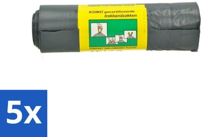 5 x Komo Vuilniszakken Trekband 60L 15 stuks per verpakking - Afvalzak 60 L - Trekband Vuilniszak - Vuilniszak 60 L - Vuilniszak Met Trekband - Vuilniszak LDPE