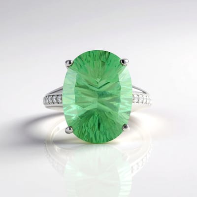 Cavill - Elegante Zilveren Ring 925 Sterling Platina Geplateerd - Groene Fluoriet 14,19 ct Ovaal Concaaf - Zirkonia Pavé Accenten