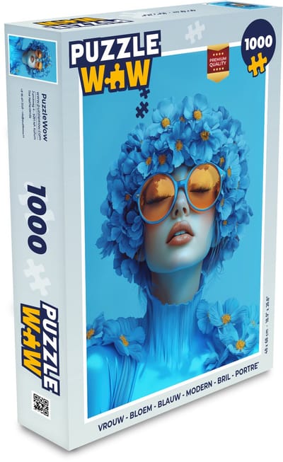 Puzzel Vrouw - Bloem - Blauw - Modern - Bril - Portret - Legpuzzel - Puzzel 1000 stukjes volwassenen