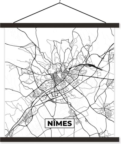 Posterhanger incl. Poster 60x60 cm - Schoolplaat - Stadskaart - Plattegrond - Kaart - Frankrijk - Nîmes - Zwart wit - Textielposter - Zwarte latten - Stadskaart