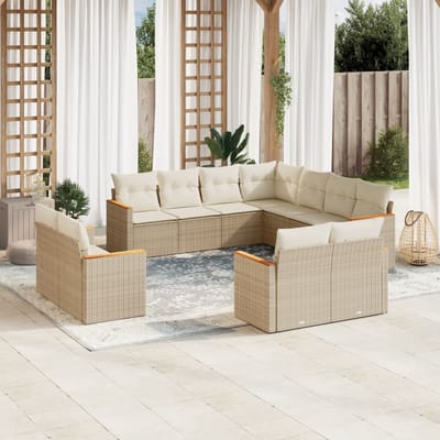 vidaXL - 11-delige - Tuinset - met - kussens - poly - rattan - beige