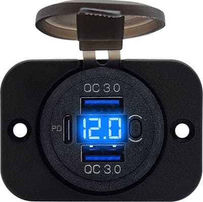 ProRide 12V USB C Stopcontact 3 Poorten Inbouw met Schakelaar/Voltmeter - QC3.0 - USB Autolader, Boot en Camper - Complete set - Blauw