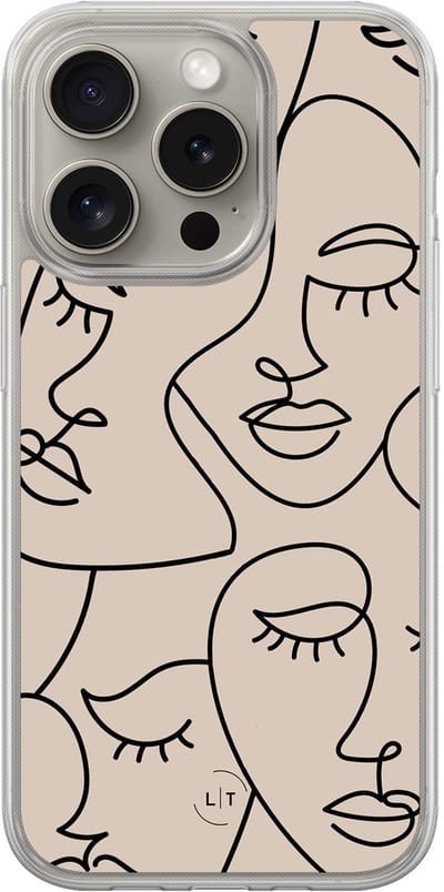 Hoesje geschikt voor iPhone 15 Pro Max - Abstract faces - 2in1 backcover - Print / Illustratie - Beige - Leuke Telefoonhoesjes