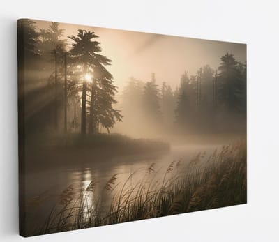 Saammp Canvas Schilderij - Water bij mistig Landschap - Natuur - 45x30 - Foto op canvas - Wanddecoratie - Muurdecoratie Woonkamer - Slaapkamer decoratie - Canvas Print