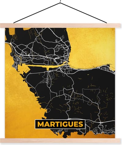 Posterhanger incl. Poster 40x40 cm - Schoolplaat - Frankrijk - Plattegrond - Martigues - Stadskaart - Kaart - Textielposter - Blanke latten - Stadskaart
