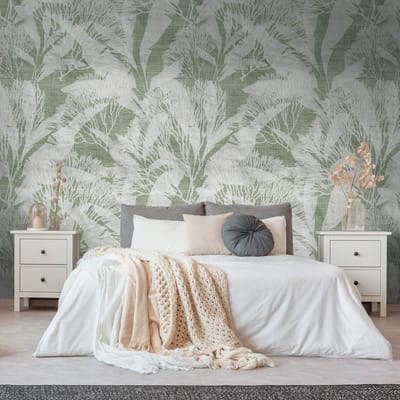 Fotobehang Profhome 398851-GU vliesbehang hardvinyl warmdruk in reliëf glad met bloemmotief mat groen wit 1,59 m x 2,8 m