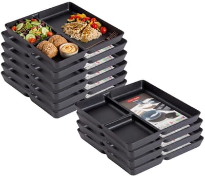 Plasticforte Vakjesborden - 10x stuks - zwart - gourmetbord - 3-vaks - kunststof - 24 x 24 cm - fonduebord - bbq - camping