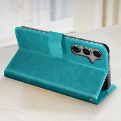 Mayaxess, Foliohoes Geschikt voor Samsung Galaxy S24 Bescherming met polsband Multifunctionele flap, Turquoise