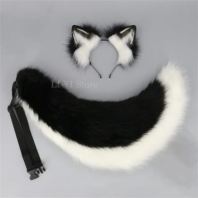 2 stuks/set Anime Cosplay Bont Hondenoor Staart Fursuit Kostuum Accessoires Halloween Wolf Vos Oren Hoofdband Dierlijke Staart ear and tail gray