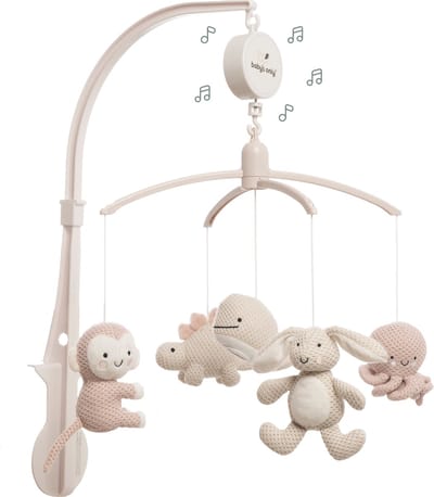 Baby's Only Muziekmobiel baby Animals - Boxmobiel - Oud Roze/Warm Linen - Gebreide figuurtjes - Muziek speelgoed - Melodie 'It's a small world'