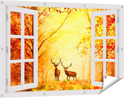 Gards Tuinposter Doorkijk Getekende Herten in het Bos - Herfst - 120x80 cm - Tuindoek - Tuindecoratie - Wanddecoratie buiten - Tuinschilderij