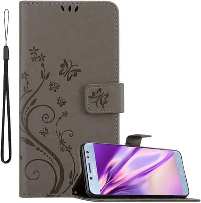 Cadorabo Hoesje geschikt voor Samsung Galaxy J5 2017 in BLOEMEN GRIJS - Beschermhoes in bloemmotief met magnetische sluiting, standfunctie en kaartsleuven Book Case Cover Etui