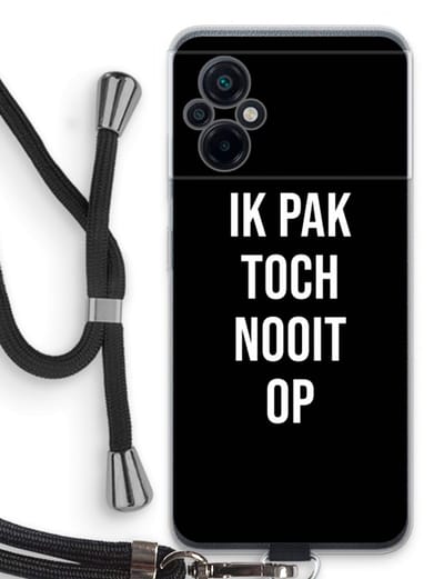 Case Company® - Hoesje met koord geschikt voor Xiaomi Poco M5 hoesje met Koord - Ik pak nooit op - Zwart - Telefoonhoesje met Zwart Koord - Bescherming aan alle Kanten en Over de Schermrand