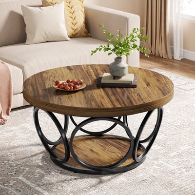 Tribesigns Ronde Salontafel - 80×80×43 CM - Ronde Houten Tafel - Boerderij Grote Ronde Woonkamertafel met 2-Lagen Opbergruimte - Bruine - Voor Woonkamers, Thuiskantoor