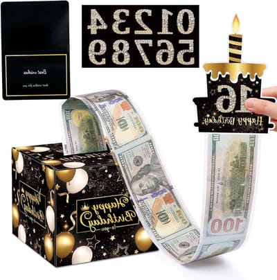 Happy Birthday Geldcassette verrassingsdoos voor geldcadeau met wenskaart en geschenkverpakking voor verjaardag en jubileumvieringen.