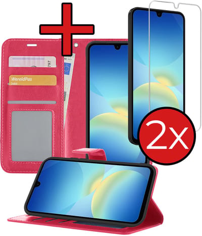 Hoesje - Met 2x Screenprotector - Geschikt voor Samsung Galaxy A26 - Luxe Pasjeshouder - Flip Case - Bookcase Portemonee - Kunstleer Book Case - Flipcase Hoes - Book Cover - Walletcase - Portemonneehoes - Telefoonhoes - Donkerroze