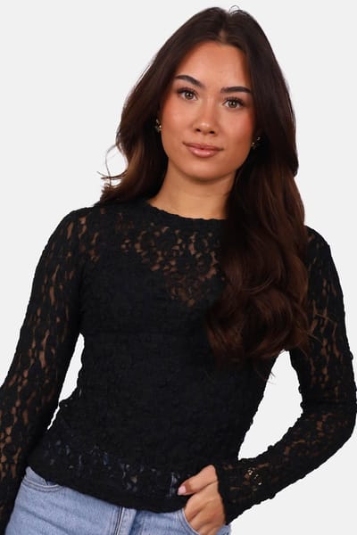 Getdrezzed Top - Maat: XS - Kanten top met ronde hals en lange mouwen zwart
