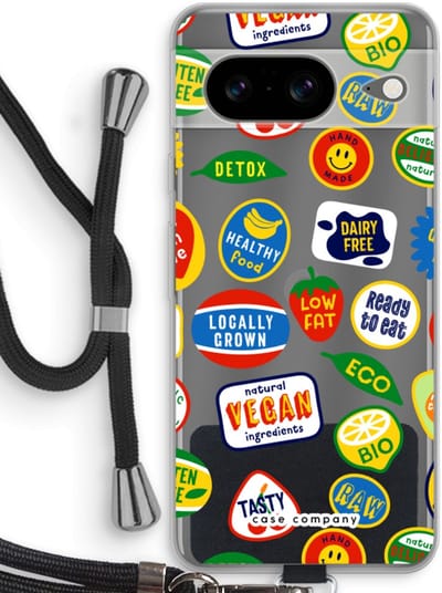 Case Company® - Hoesje met koord geschikt voor Google Pixel 8 hoesje met Koord - Fruitsticker - Telefoonhoesje met Zwart Koord - Bescherming aan alle Kanten en Over de Schermrand