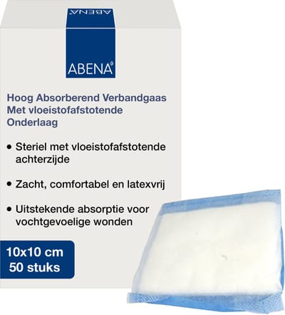 Abena Gaaskompres - 50 Stuks - Hoog Absorberend Verbandgaas - 10 cm x 10 cm - Steriele Wondverzorging - Met vloeistofafstotende Onderlaag