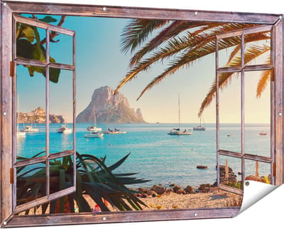 Gards Tuinposter Doorkijk Ibiza Cala d'Hort Strand - 150x100 cm - Tuindoek - Tuindecoratie - Wanddecoratie buiten - Tuinschilderij