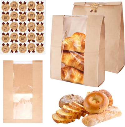 Grote Kraft Papieren Broodzakken met Transparant Venster - 25 Stuks, 35×21×8 cm, Ideaal voor Brood, Koekjes en Gebak