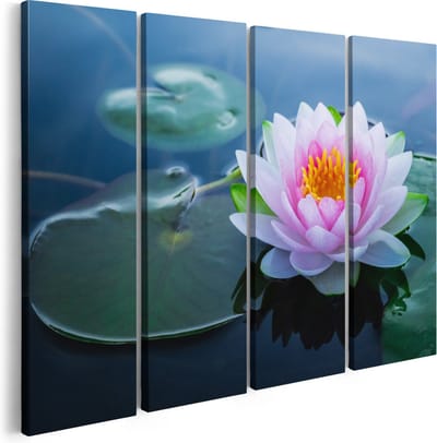 Artaza Canvas Schilderij Vierluik Roze Lotusbloem Met Waterlelies - 160x120 - Groot - Foto Op Canvas - Canvas Print