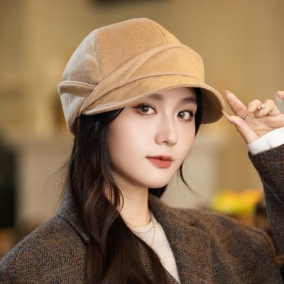 Alles-passende wollen geplooide warme baret voor dames herfst en winter nieuwe casual winddichte ruiterhoed gezicht-tonend krantenjongenspet One Size beige