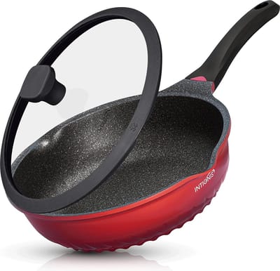 Koekenpan, anti-kras glazen deksel, 28 cm/30 cm diepe sauteuse, Duitse Greblon steencoating, inductiepan, vrij van chemicaliën, rood, 28 cm