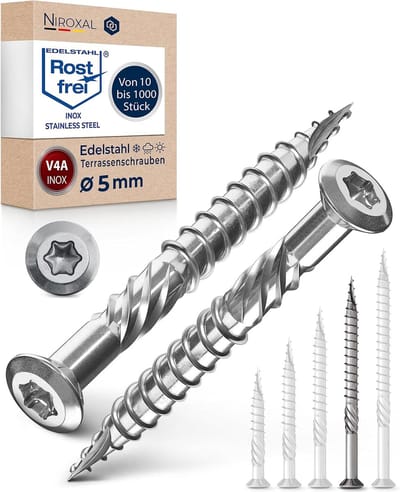 Terrasschroeven, 5 x 70 cm, roestvrij staal, A4 lenskopschroeven, torx-schroeven, 5 mm dik, 50 stuks houtschroeven, Torx, 70 mm lang, roestvrij stalen schroeven, hout