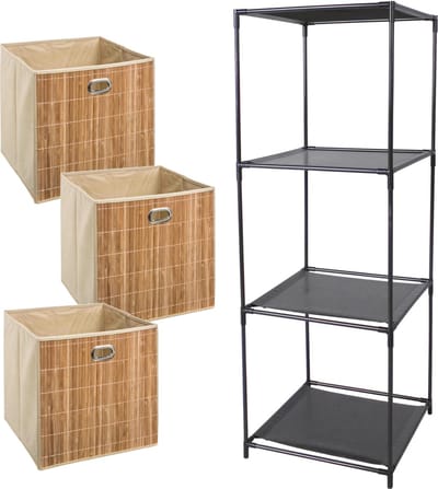 5Five Kastmandjes/opberg manden - lichtbruin - 3x van 29 Liter - Metalen rekje is 34 x 104 cm