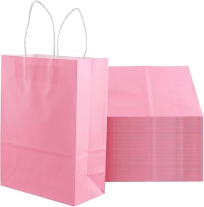 100 stuks roze geschenkzakken, kleine papieren feestzakjes met handgrepen voor bruiloften, verjaardagen en winkelen, 16 x 8 x 22 cm, ideaal voor cadeaus en decoratie
