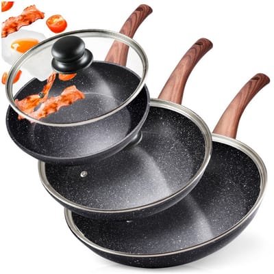 Vilde Black&Wood Serie - Granieten Pannenset - 20/24/28 cm - Met Glazen Deksel - Antislip Handgrepen