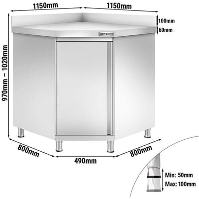 GGM Gastro Edelstahl Eckarbeitsschrank PREMIUM mit Flügeltür & Aufkantung 1150x800mm Zilver