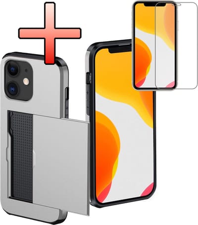 Hoes Geschikt voor iPhone 11 Hoesje Pasjeshouder Hard Cover Met Screenprotector Shock Proof Hard Case Hoes Met Kaarthouder - Grijs
